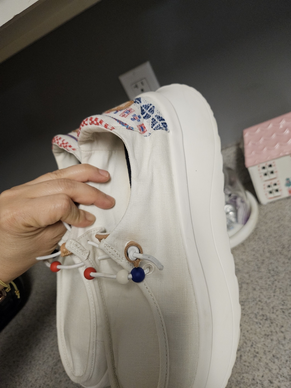 Hey Dude Women's Cream Canvas Slip-On Flats with Red & Blue Bead Accents - Picture 11 of 11